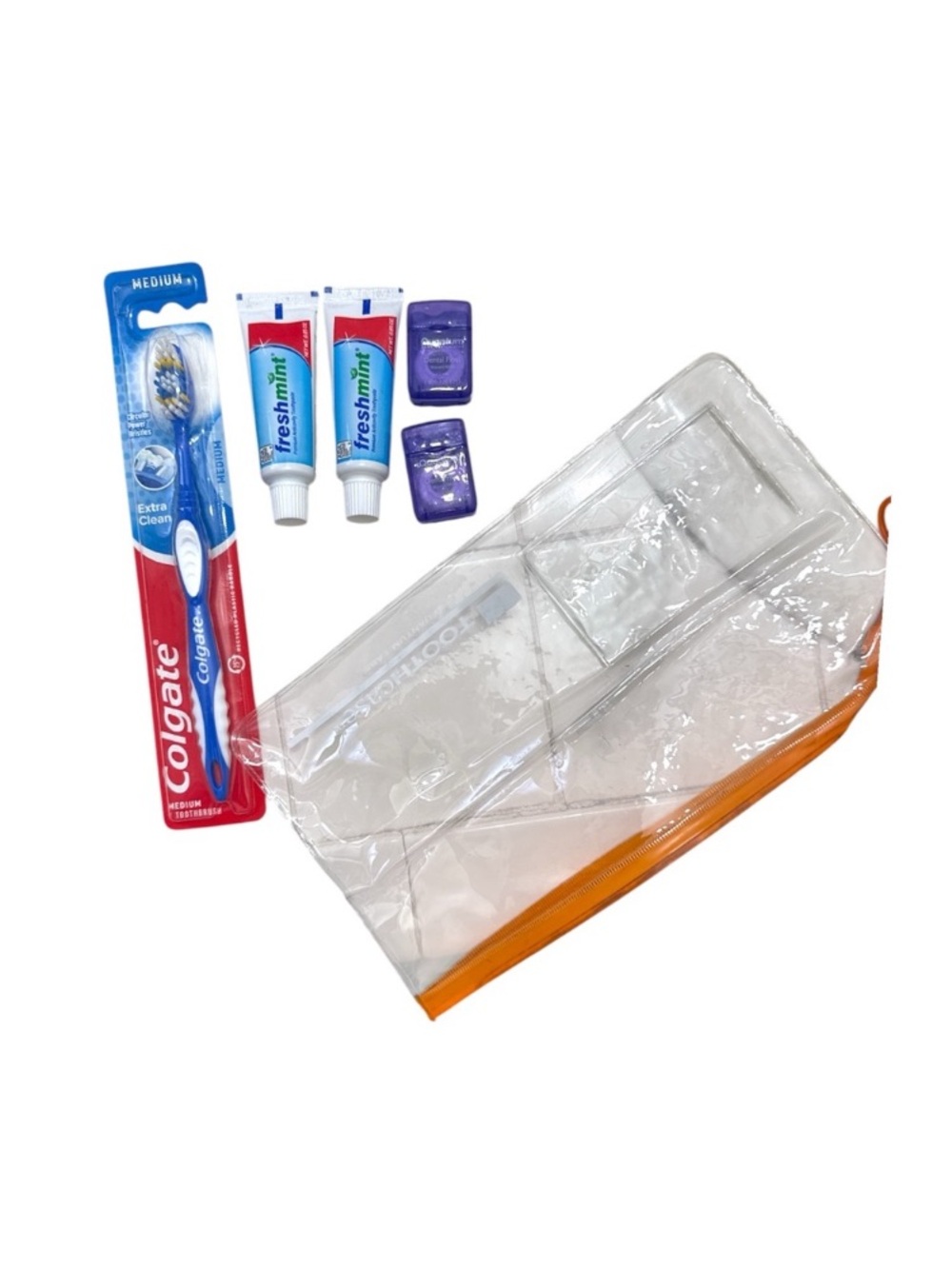 Travel Dental Kit NWT with Clear Orange Zipper Pouch - Clear/Orange